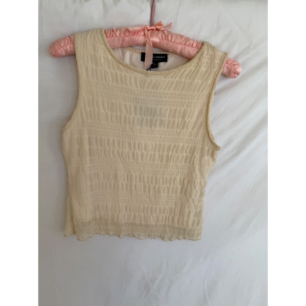See You Monday Cream Smocked Mesh Tank Top Sleeveless Lined ST8590 Womens Large